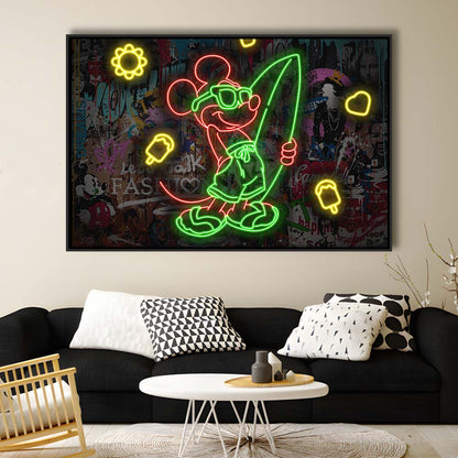 Mickey Mouse Surfing Art Print, Framed Canvas Print Wall Art Decor, Floating Frame, Neon Effect Art