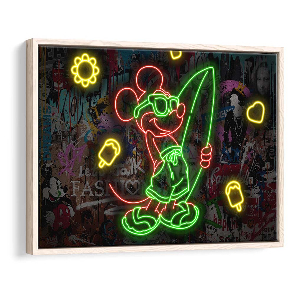 Mickey Mouse Surfing Art Print, Framed Canvas Print Wall Art Decor, Floating Frame, Neon Effect Art