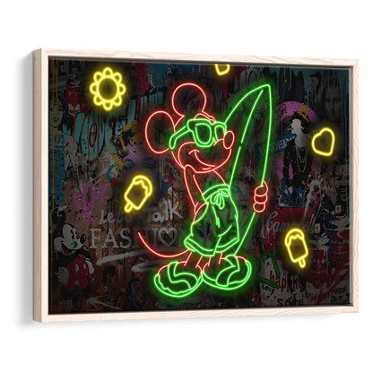 Mickey Mouse Surfing Art Print, Framed Canvas Print Wall Art Decor, Floating Frame, Neon Effect Art