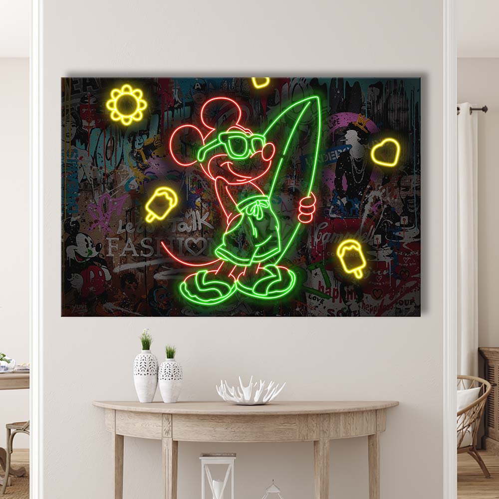 Mickey Mouse Surfing Art Print, Canvas Print Wall Art, Wall Decor, Neon Effect Art
