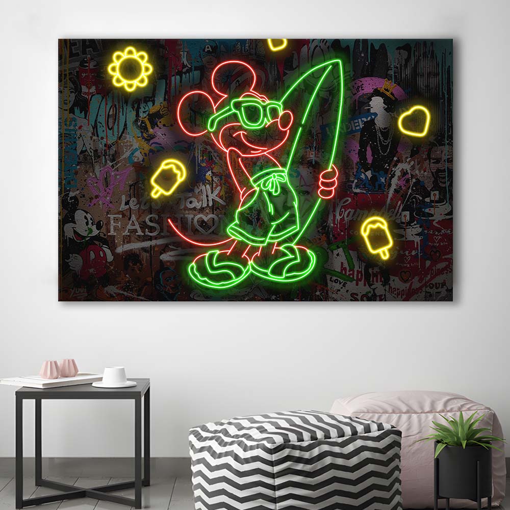Mickey Mouse Surfing Art Print, Canvas Print Wall Art, Wall Decor, Neon Effect Art