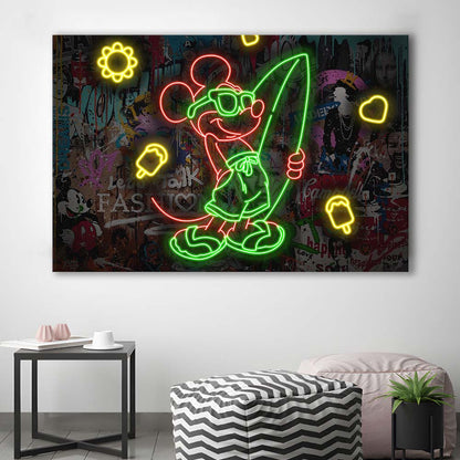 Mickey Mouse Surfing Art Print, Canvas Print Wall Art, Wall Decor, Neon Effect Art
