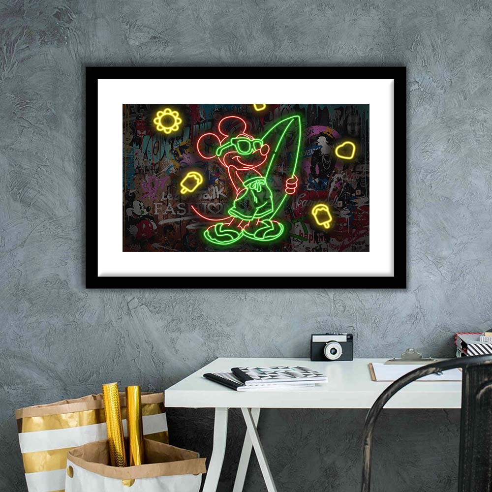 Mickey Mouse Surfing Art Print, Framed Art Print Wall Decor, White Border, Framed Picture