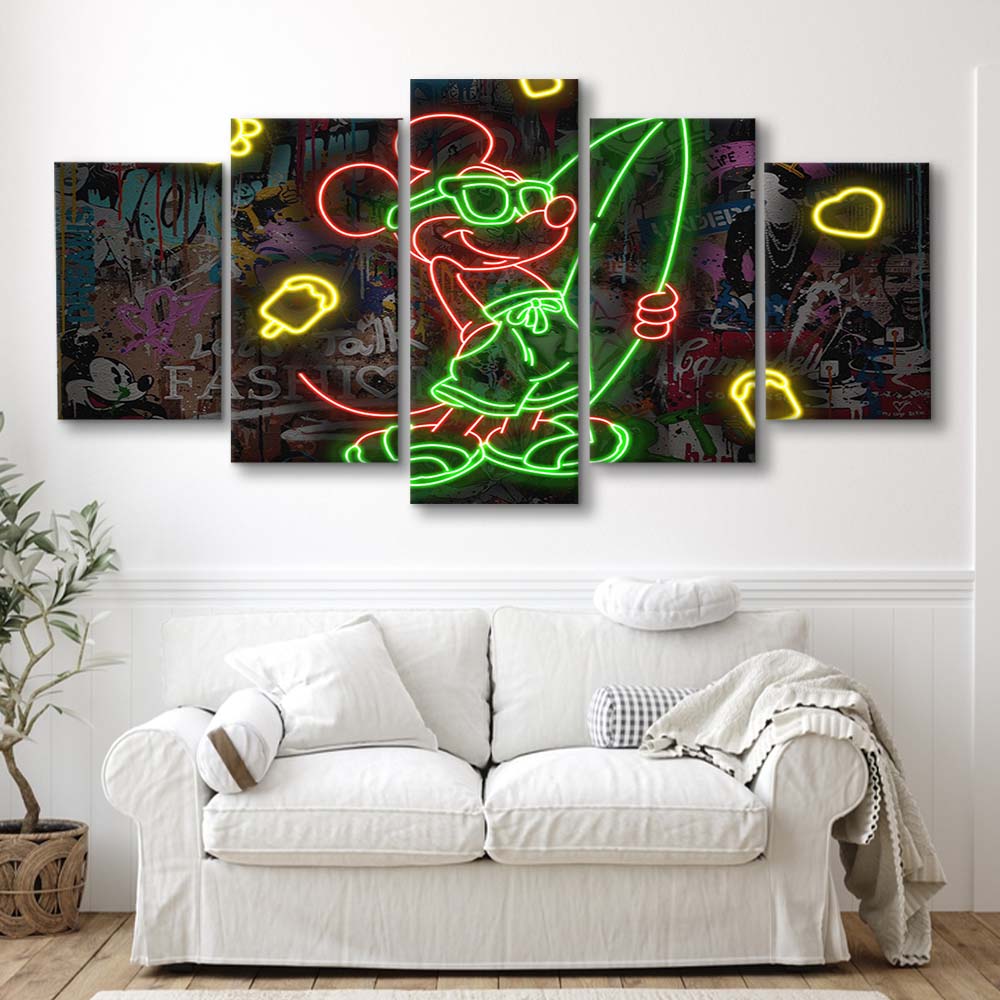 Mickey Mouse Surfing Art Print, 5 Panel Mixed Canvas Print Wall Art, Home Decor, Neon Canvas