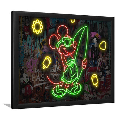 Mickey Mouse Surfing Art Print, Framed Art Print Wall Decor, Neon Art Print, Picture Framed