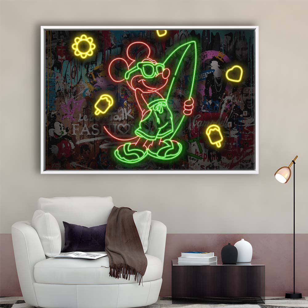 Mickey Mouse Surfing Art Print, Framed Canvas Print Wall Art Decor, Floating Frame, Neon Effect Art