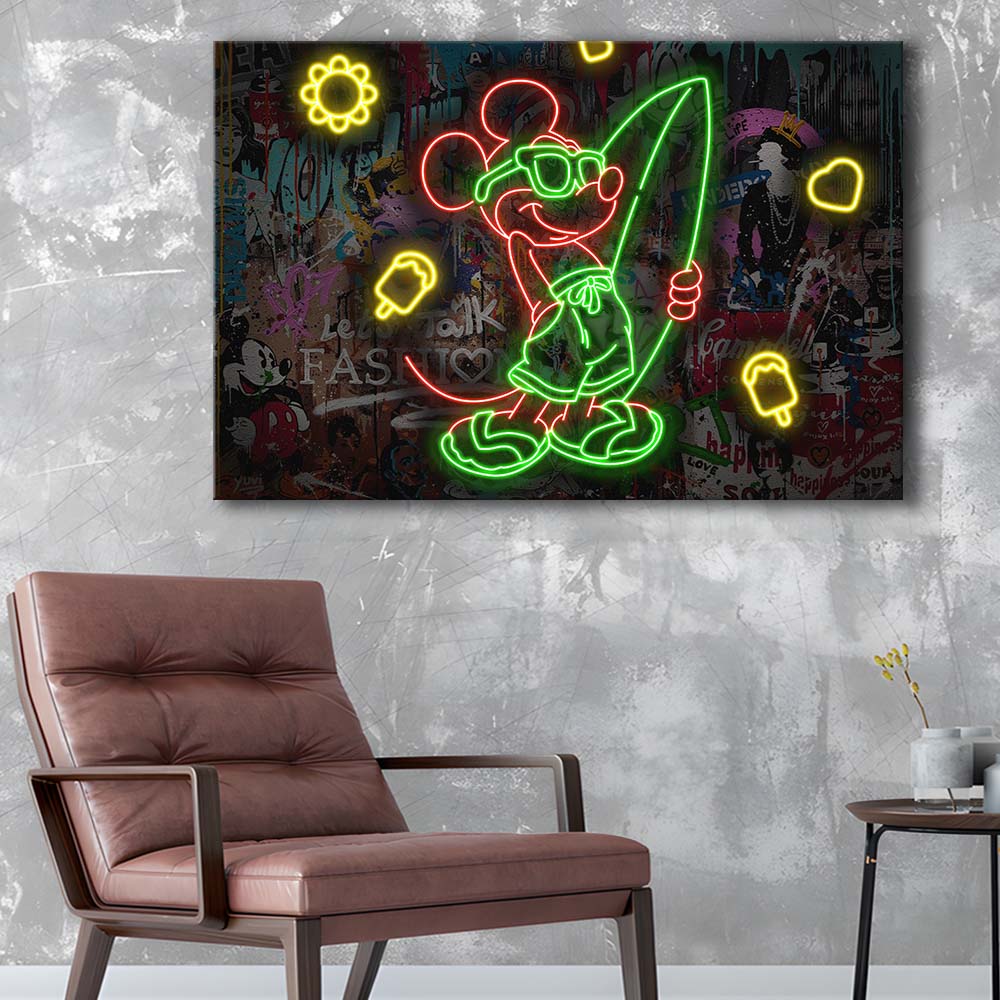 Mickey Mouse Surfing Art Print, Canvas Print Wall Art, Wall Decor, Neon Effect Art