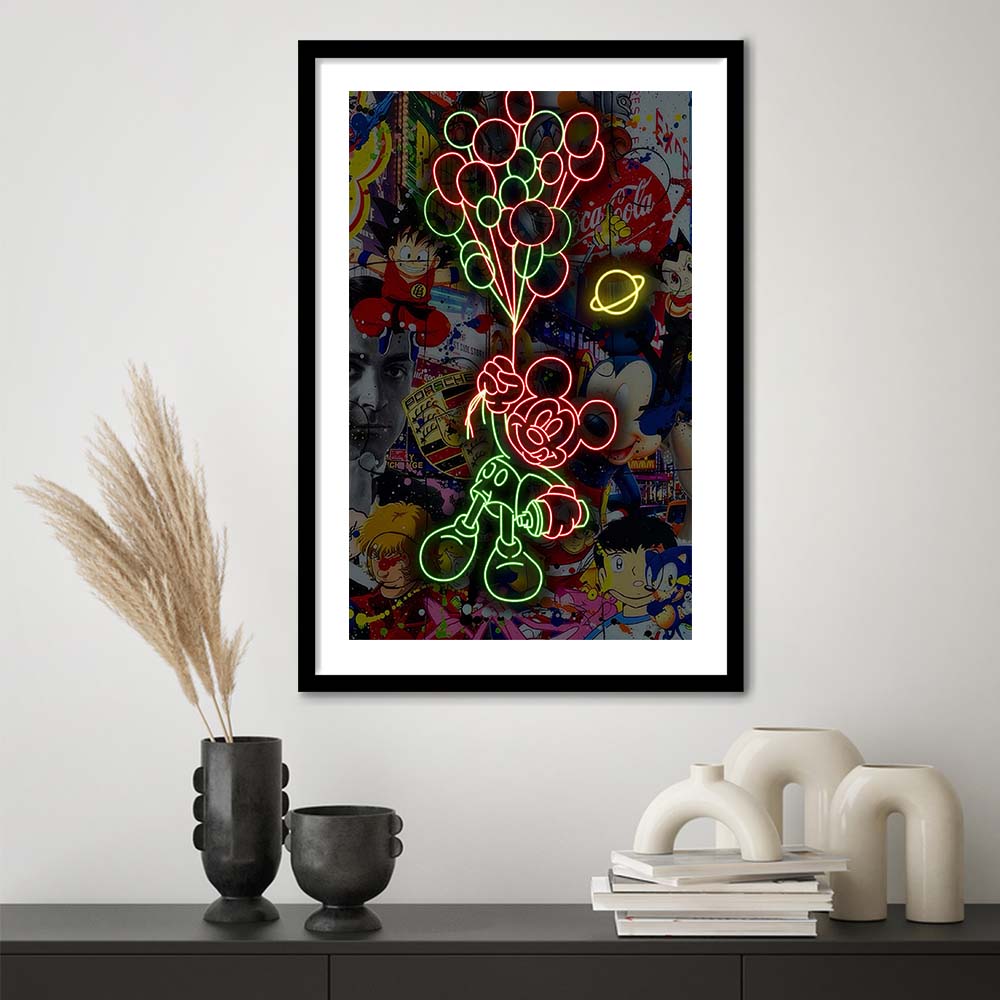 Mickey Mouse With Balloon, Framed Art Print, Luxury Pictures Framed, White Border