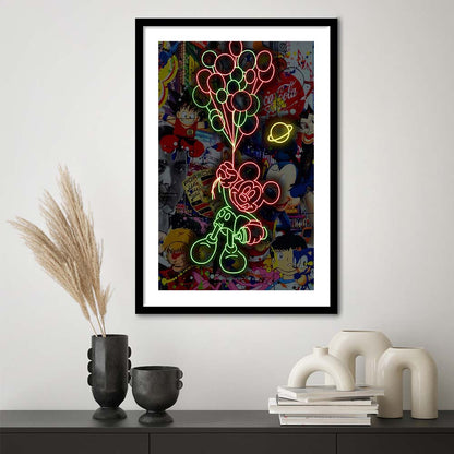 Mickey Mouse With Balloon, Framed Art Print, Luxury Pictures Framed, White Border