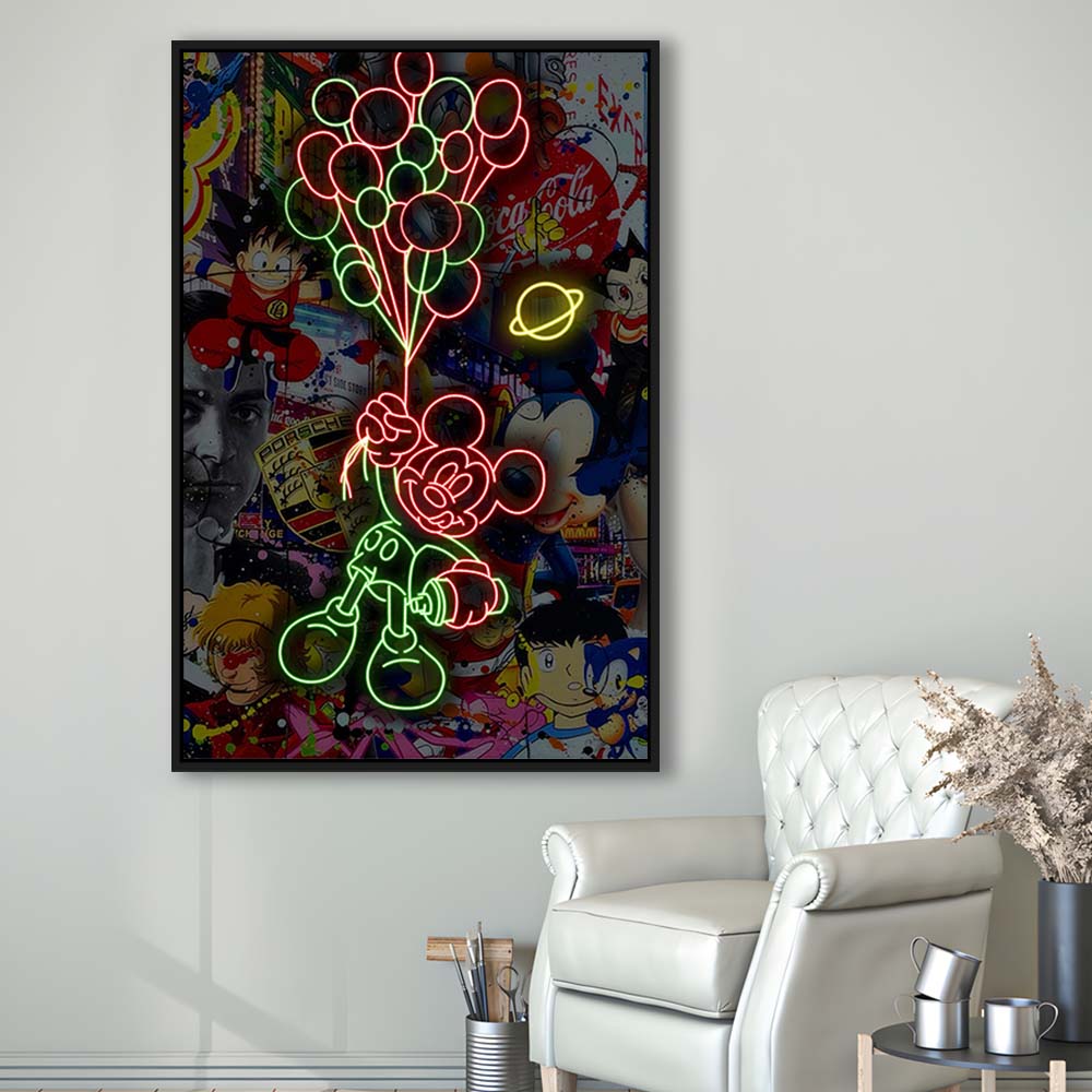 Mickey Mouse With Balloon, Framed Canvas Print, Floating Frame, Luxury Wall Art Decor