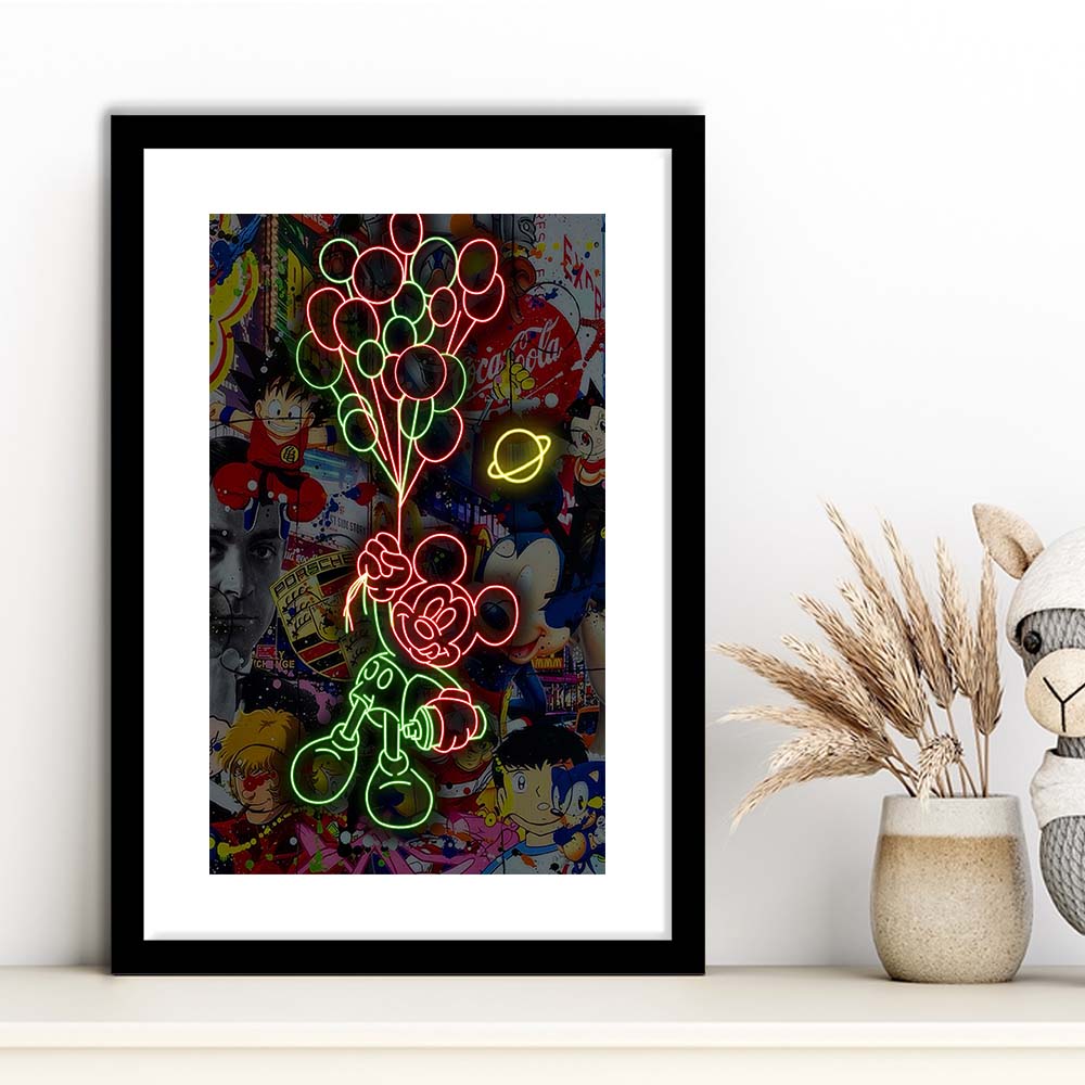 Mickey Mouse With Balloon, Framed Art Print, Luxury Pictures Framed, White Border