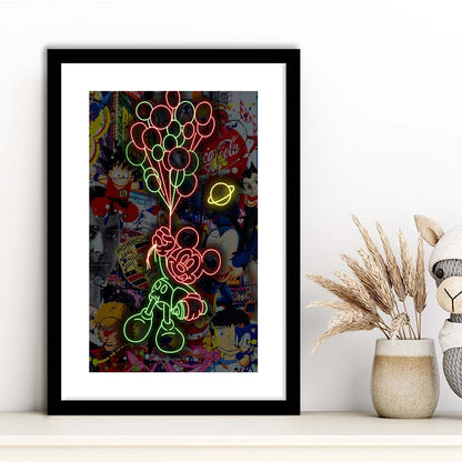 Mickey Mouse With Balloon, Framed Art Print, Luxury Pictures Framed, White Border