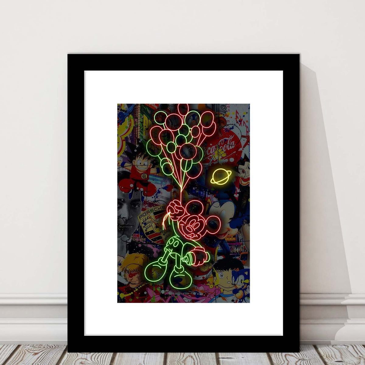 Mickey Mouse With Balloon, Framed Art Print, Luxury Pictures Framed, White Border