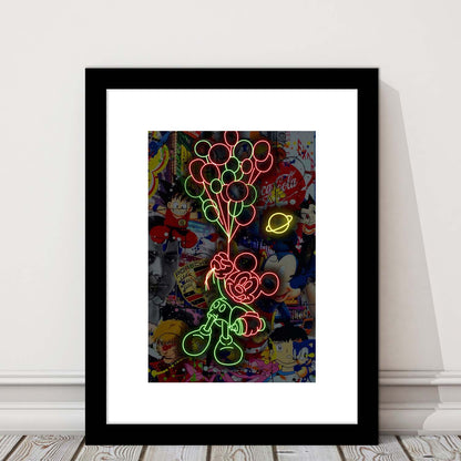 Mickey Mouse With Balloon, Framed Art Print, Luxury Pictures Framed, White Border