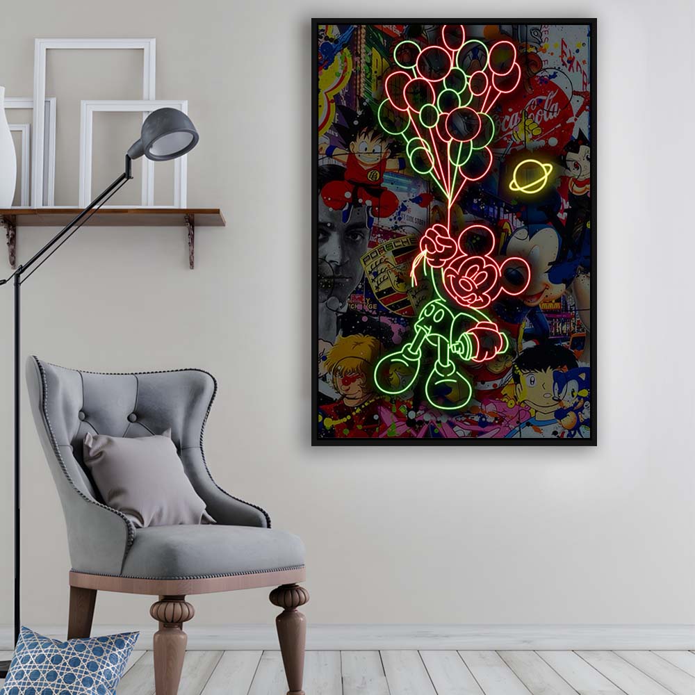 Mickey Mouse With Balloon, Framed Canvas Print, Floating Frame, Luxury Wall Art Decor