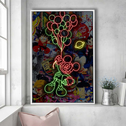 Mickey Mouse With Balloon, Framed Canvas Print, Floating Frame, Luxury Wall Art Decor