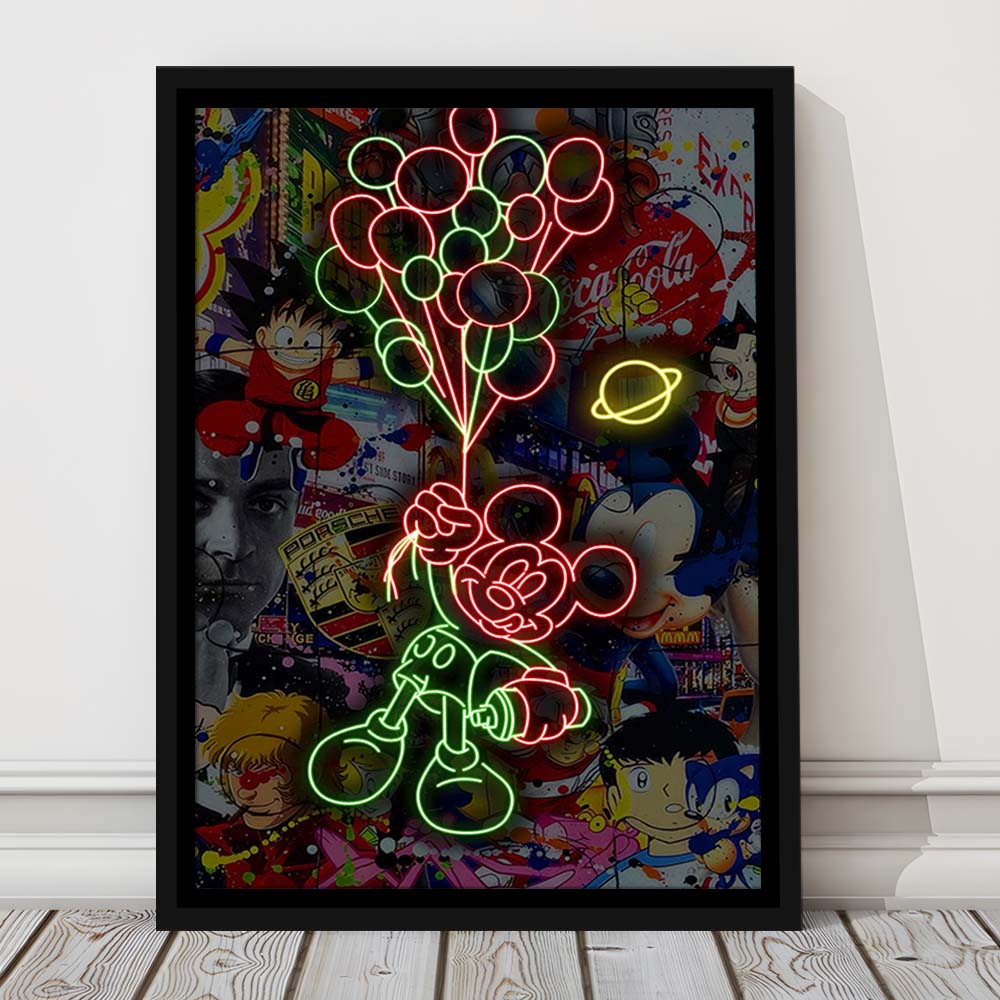Mickey Mouse With Balloon, Framed Canvas Print, Floating Frame, Luxury Wall Art Decor
