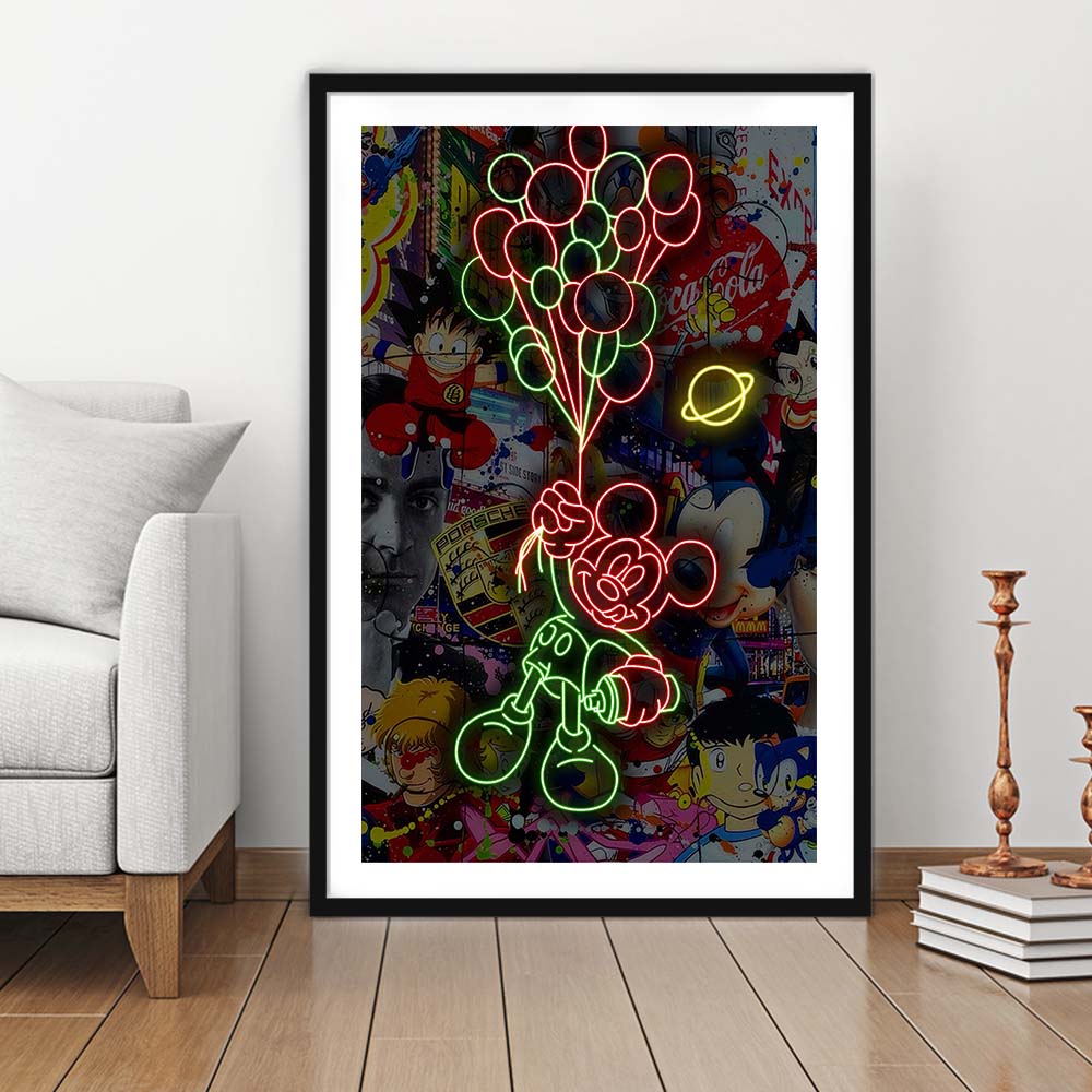 Mickey Mouse With Balloon, Framed Art Print, Luxury Pictures Framed, White Border