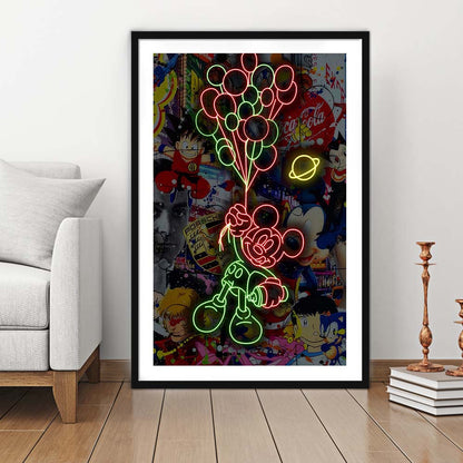 Mickey Mouse With Balloon, Framed Art Print, Luxury Pictures Framed, White Border