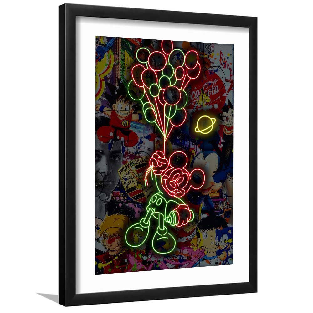Mickey Mouse With Balloon, Framed Art Print, Luxury Pictures Framed, White Border