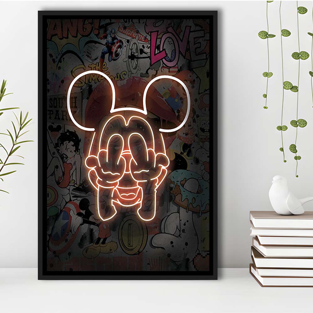 Middle Finger, Neon Sign Effect, Framed Canvas Print, Floating Frame, Luxury Wall Art Decor