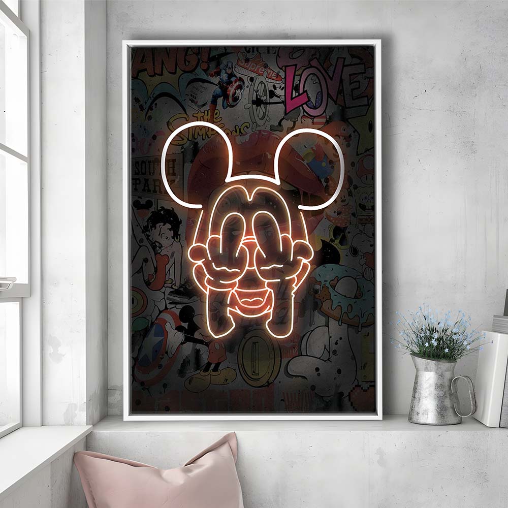 Middle Finger, Neon Sign Effect, Framed Canvas Print, Floating Frame, Luxury Wall Art Decor