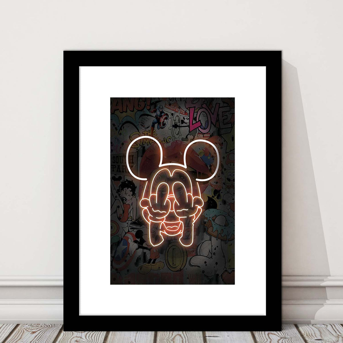 Middle Finger, Neon Sign Effect, Framed Art Print, Luxury Pictures Framed, White Border