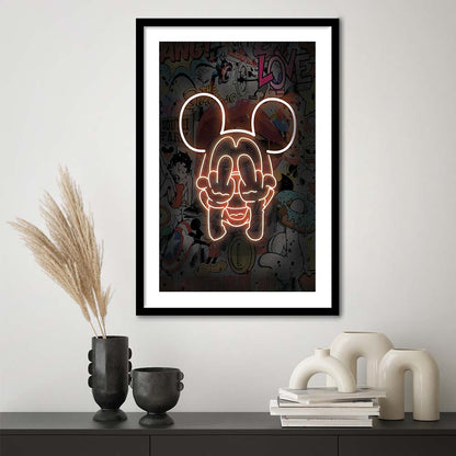 Middle Finger, Neon Sign Effect, Framed Art Print, Luxury Pictures Framed, White Border