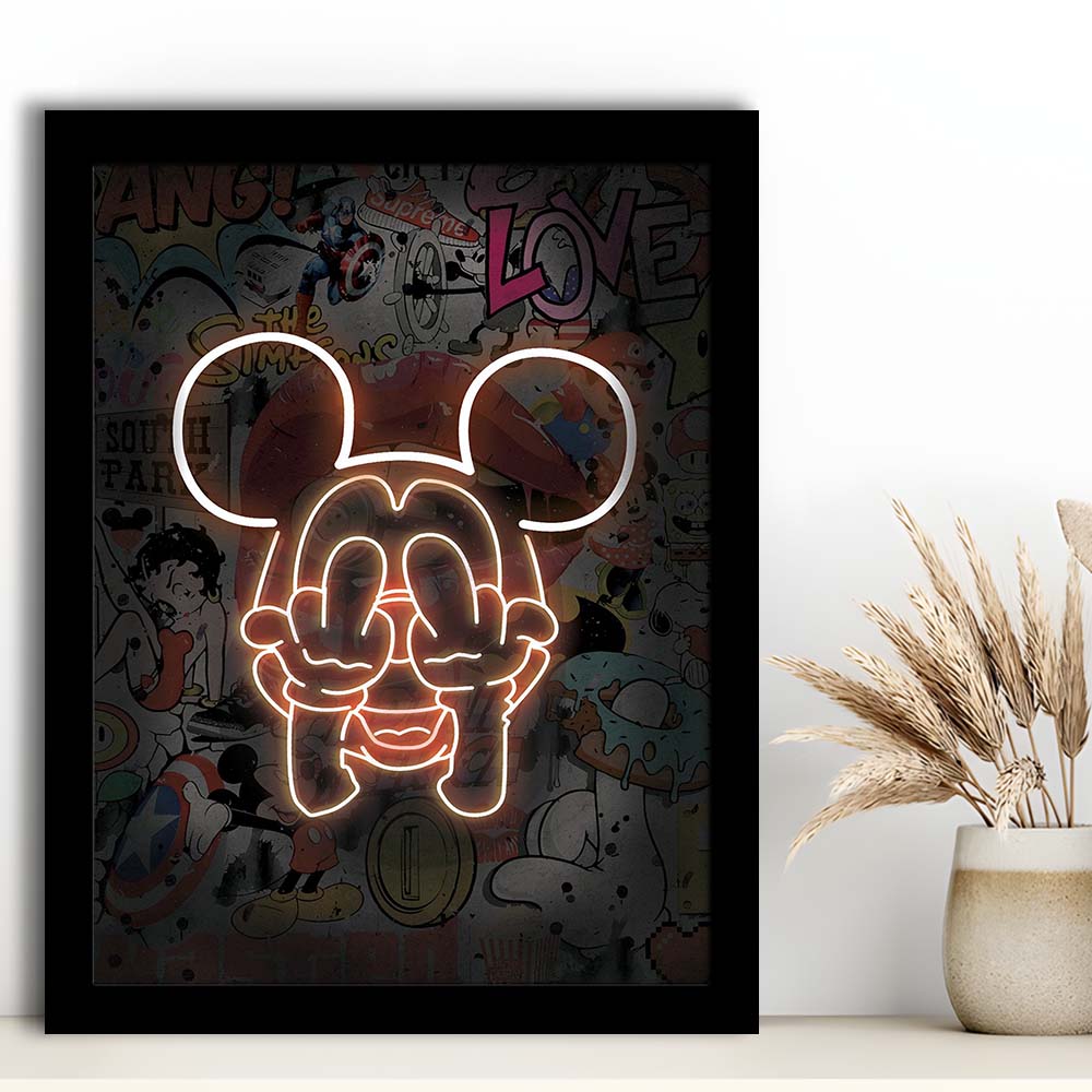Middle Finger, Neon Sign Effect, Framed Art Print, Picture Framed Wall Art Decor