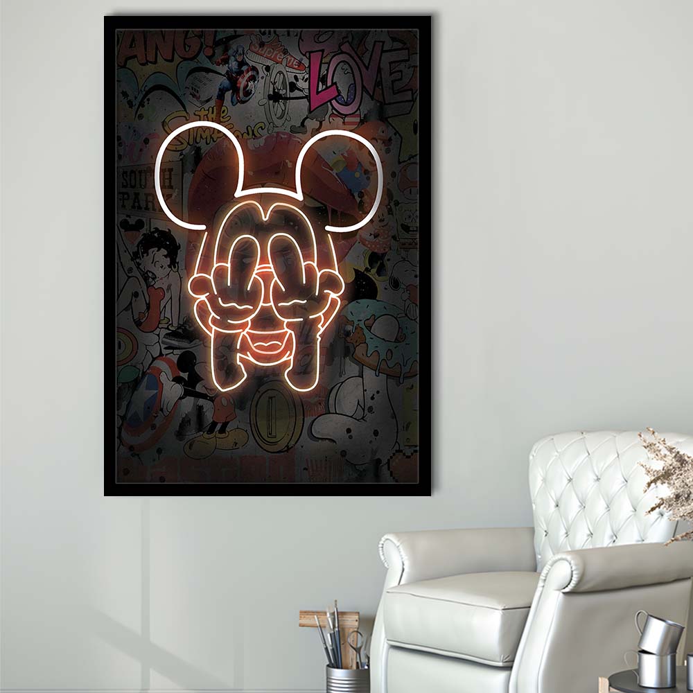 Middle Finger, Neon Sign Effect, Framed Art Print, Picture Framed Wall Art Decor