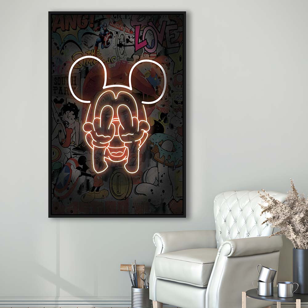 Middle Finger, Neon Sign Effect, Framed Canvas Print, Floating Frame, Luxury Wall Art Decor
