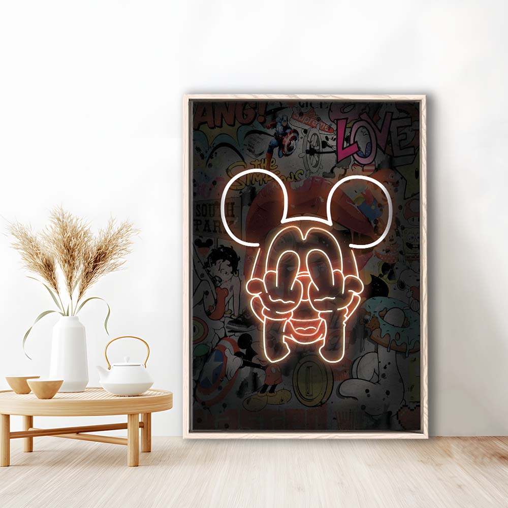Middle Finger, Neon Sign Effect, Framed Canvas Print, Floating Frame, Luxury Wall Art Decor