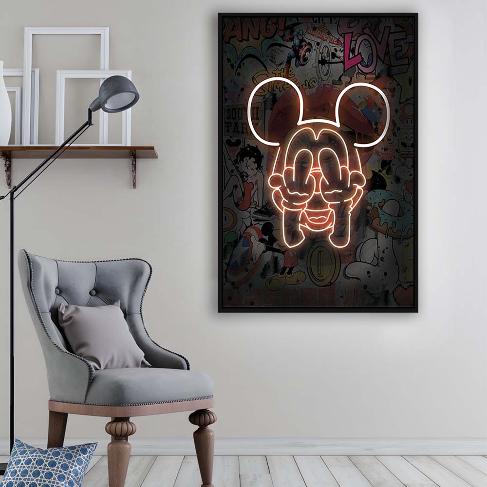 Middle Finger, Neon Sign Effect, Framed Canvas Print, Floating Frame, Luxury Wall Art Decor