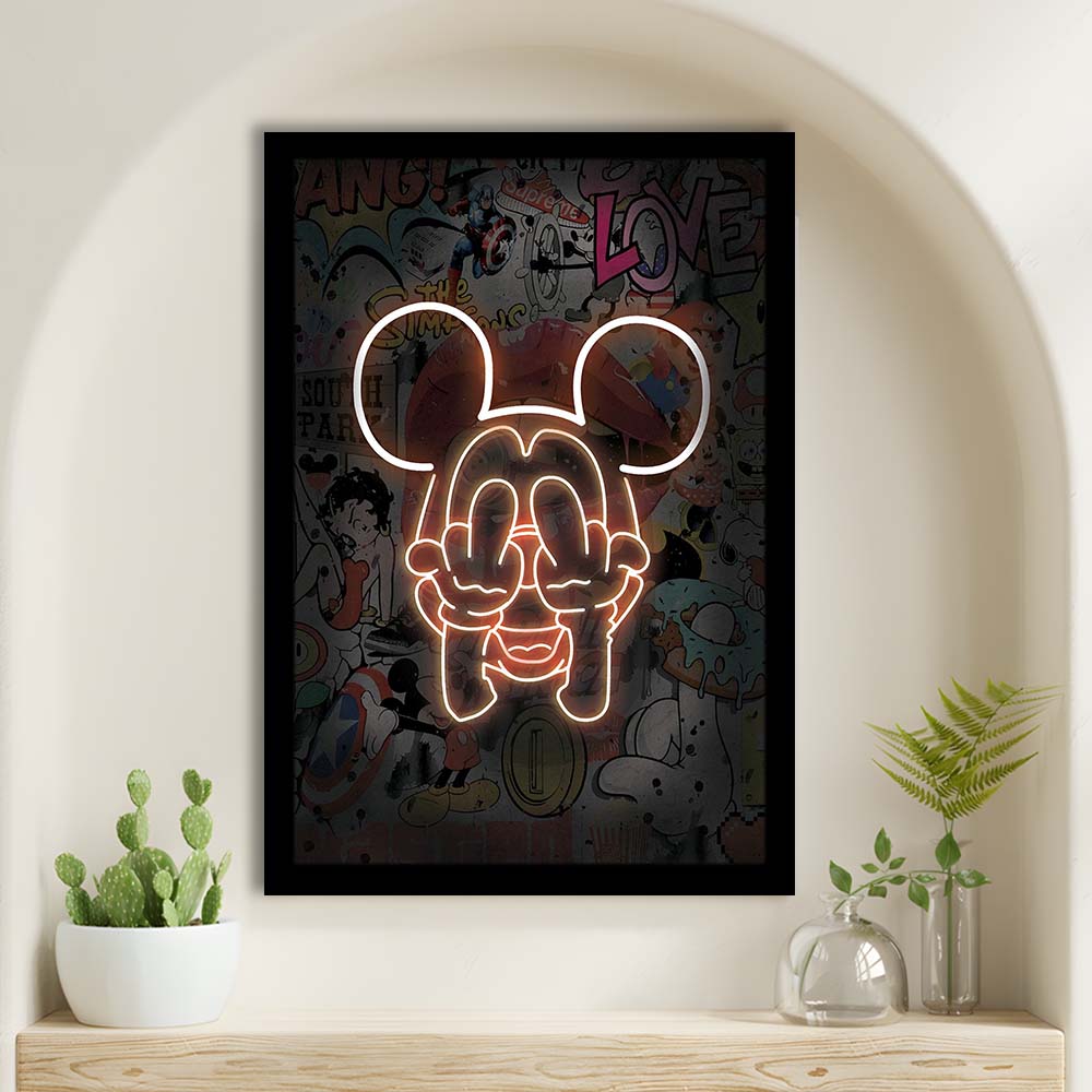Middle Finger, Neon Sign Effect, Framed Art Print, Picture Framed Wall Art Decor