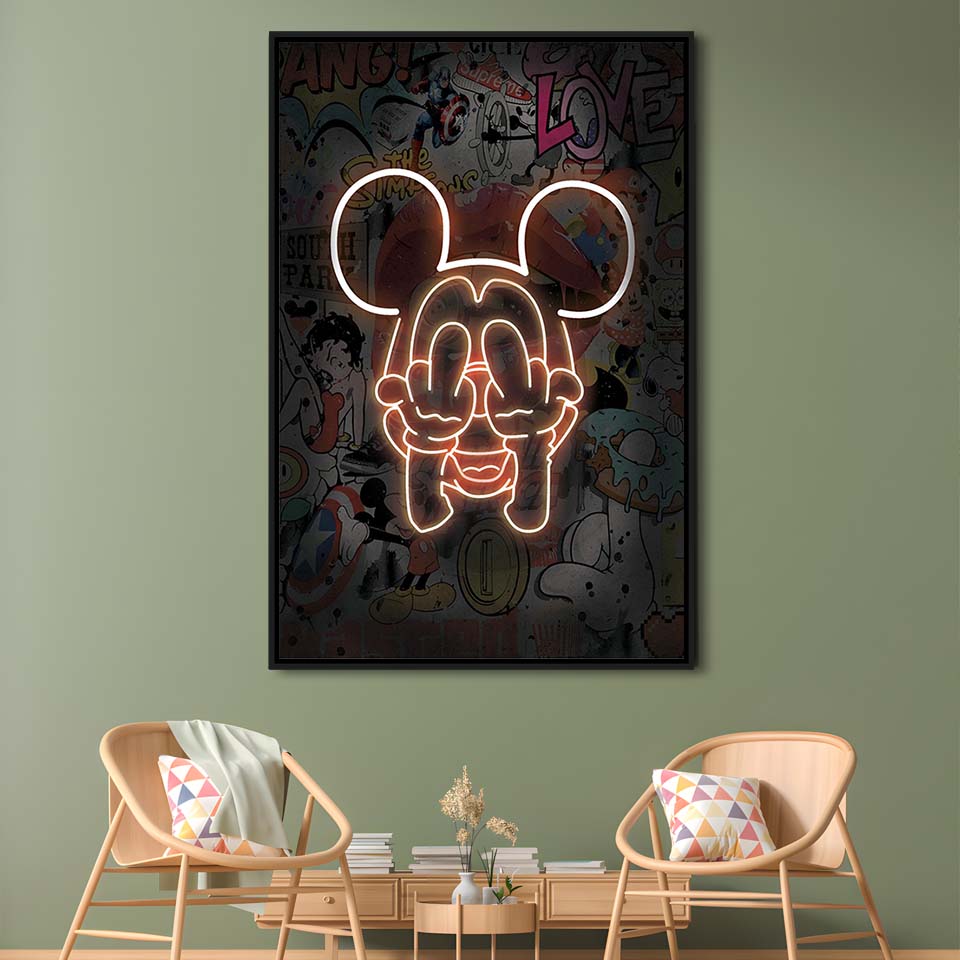Middle Finger, Neon Sign Effect, Framed Canvas Print, Floating Frame, Luxury Wall Art Decor