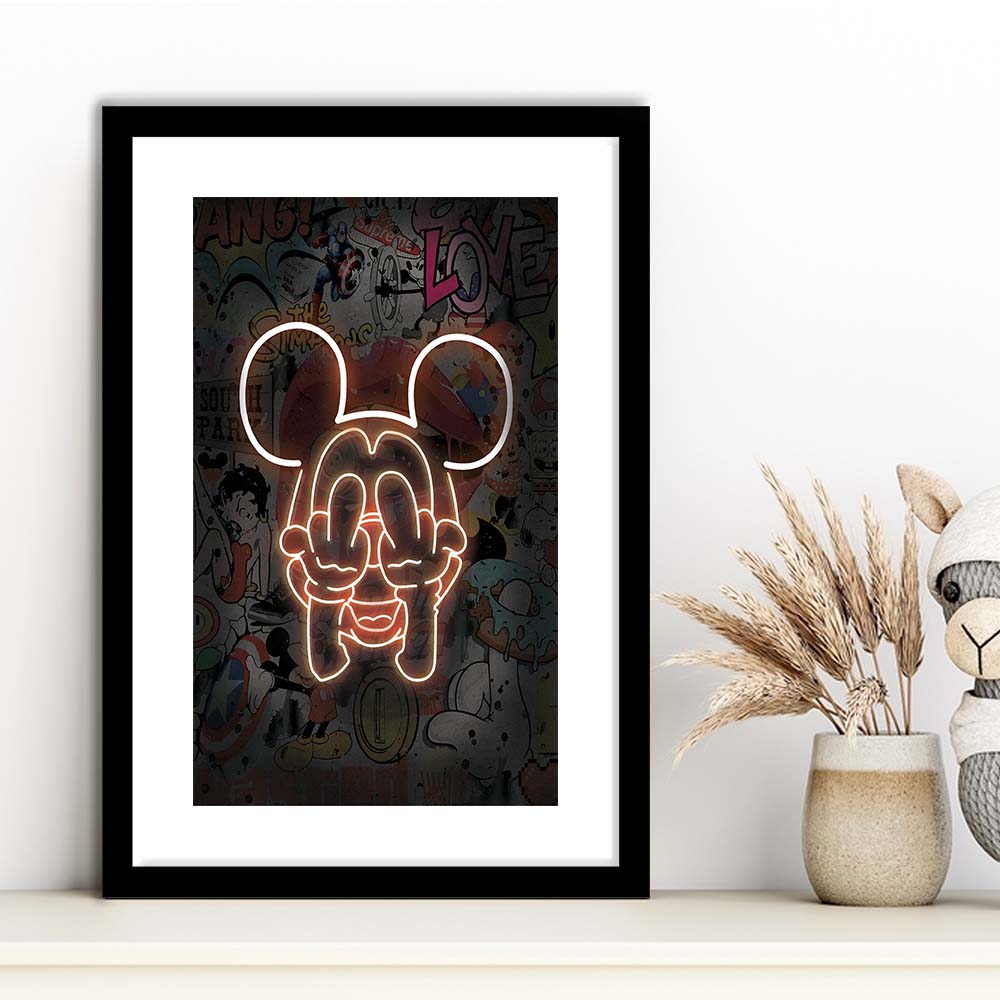 Middle Finger, Neon Sign Effect, Framed Art Print, Luxury Pictures Framed, White Border