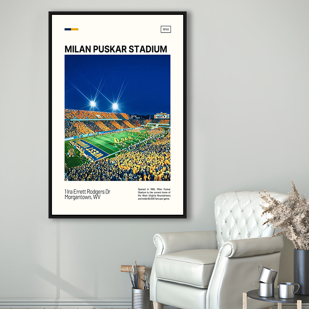 Milan Puskar Stadium Print, West Virginia Mountaineers Stadium Art, Man Cave Gift, Floating Framed Canvas Print Wall Art