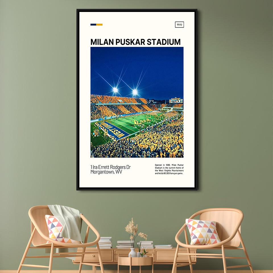 Milan Puskar Stadium Print, West Virginia Mountaineers Stadium Art, Man Cave Gift, Floating Framed Canvas Print Wall Art