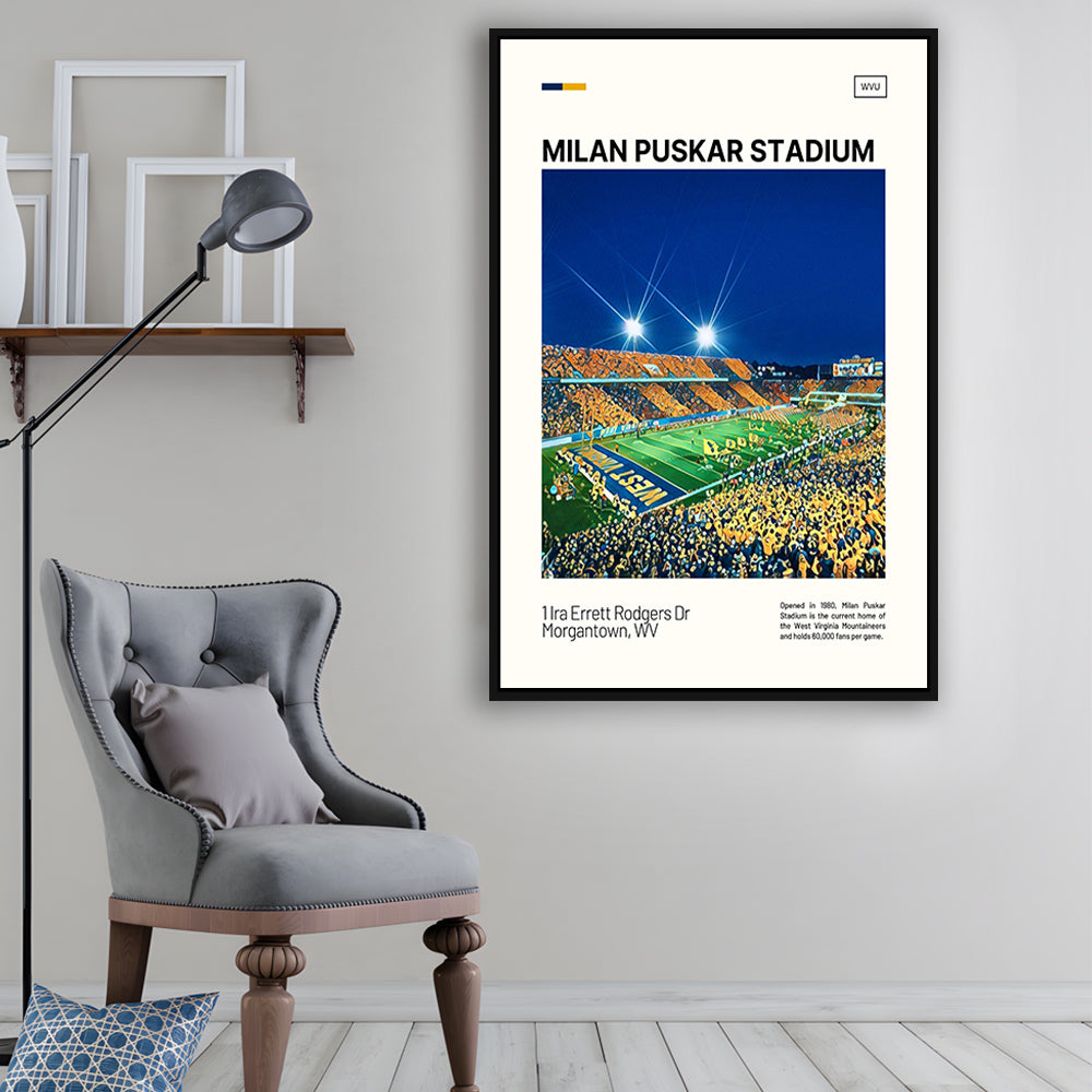 Milan Puskar Stadium Print, West Virginia Mountaineers Stadium Art, Man Cave Gift, Floating Framed Canvas Print Wall Art