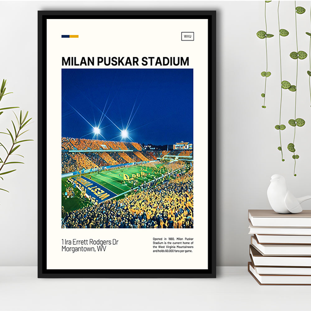 Milan Puskar Stadium Print, West Virginia Mountaineers Stadium Art, Man Cave Gift, Floating Framed Canvas Print Wall Art