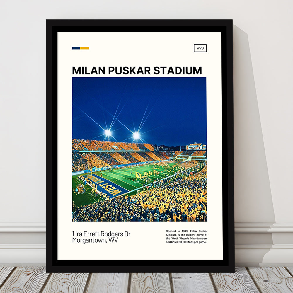 Milan Puskar Stadium Print, West Virginia Mountaineers Stadium Art, Man Cave Gift, Floating Framed Canvas Print Wall Art