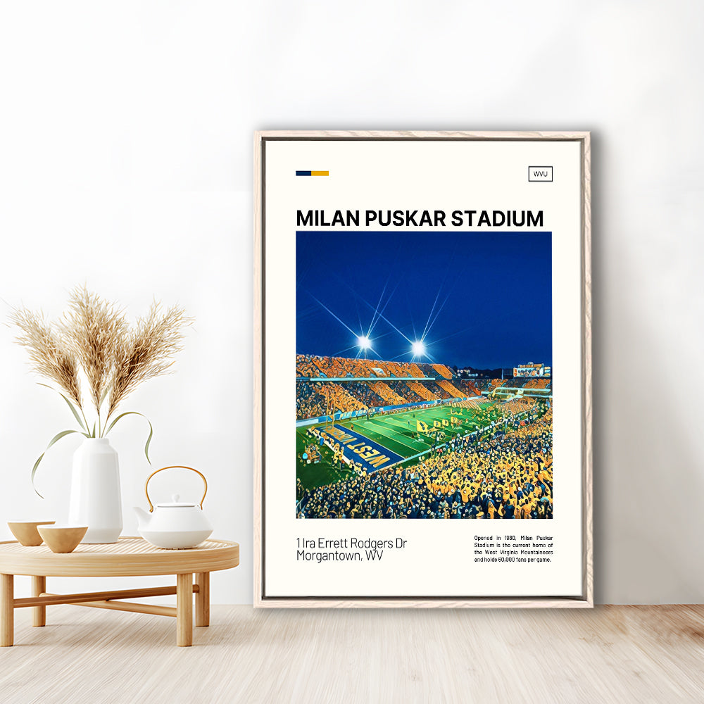 Milan Puskar Stadium Print, West Virginia Mountaineers Stadium Art, Man Cave Gift, Floating Framed Canvas Print Wall Art