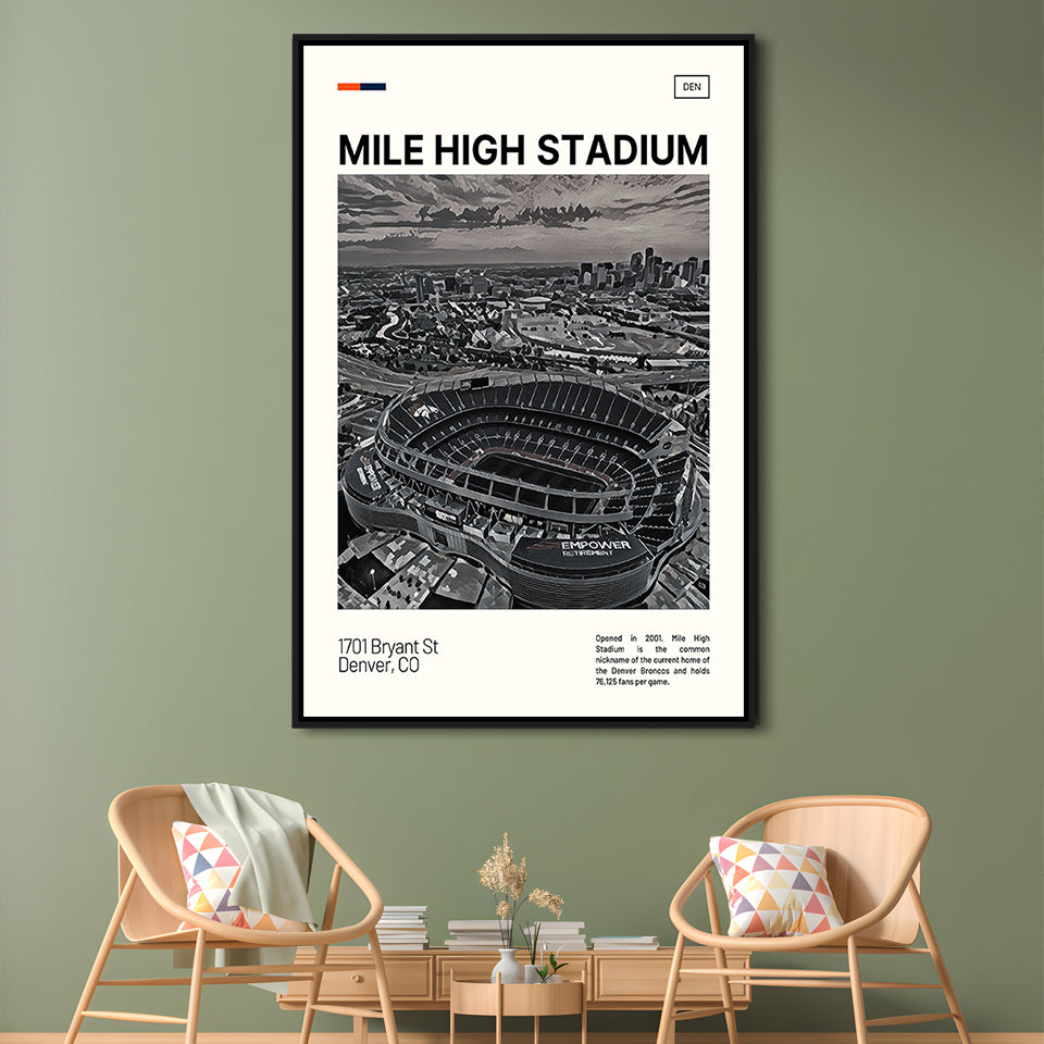 Mile High Print, Denver Broncos Stadium Canvas Art100, Man Cave Gift, Floating Framed Canvas Print Wall Art
