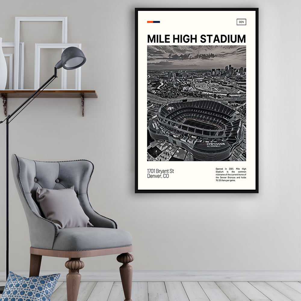 Mile High Print, Denver Broncos Stadium Canvas Art100, Man Cave Gift, Floating Framed Canvas Print Wall Art