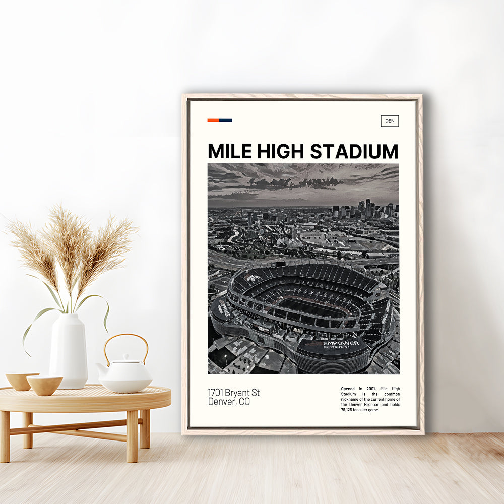 Mile High Print, Denver Broncos Stadium Canvas Art100, Man Cave Gift, Floating Framed Canvas Print Wall Art
