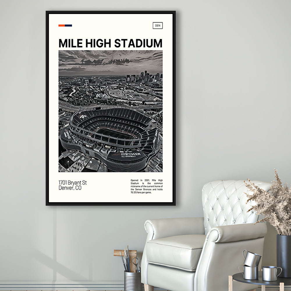 Mile High Print, Denver Broncos Stadium Canvas Art100, Man Cave Gift, Floating Framed Canvas Print Wall Art