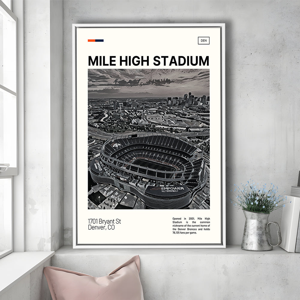 Mile High Print, Denver Broncos Stadium Canvas Art100, Man Cave Gift, Floating Framed Canvas Print Wall Art