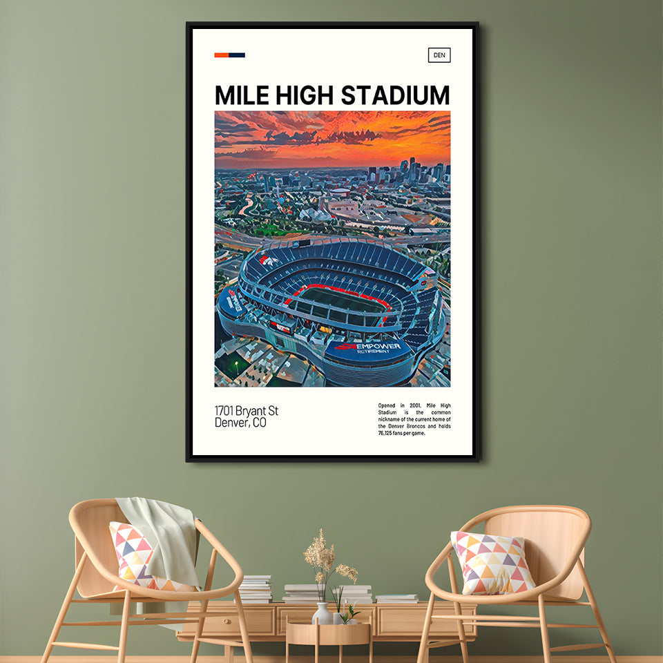 Mile High Print, Denver Broncos Stadium Canvas Art, Man Cave Gift, Floating Framed Canvas Print Wall Art