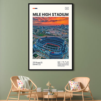 Mile High Print, Denver Broncos Stadium Canvas Art, Man Cave Gift, Floating Framed Canvas Print Wall Art