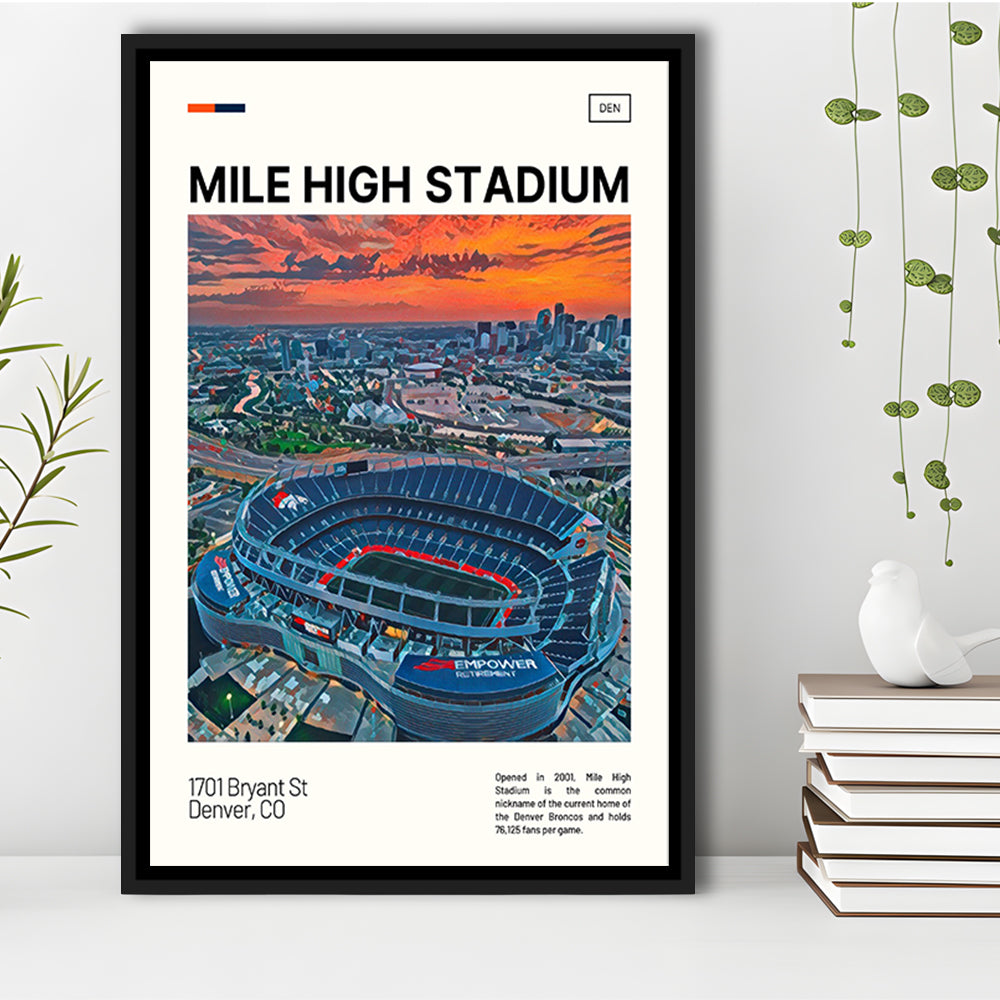 Mile High Print, Denver Broncos Stadium Canvas Art, Man Cave Gift, Floating Framed Canvas Print Wall Art